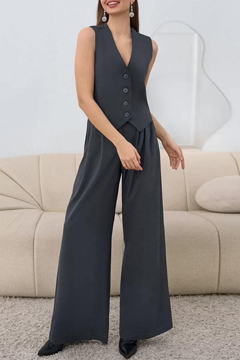 Ensemble deux pièces décontracté, uni, à col en V, sans manches, avec détail noué et boucle.