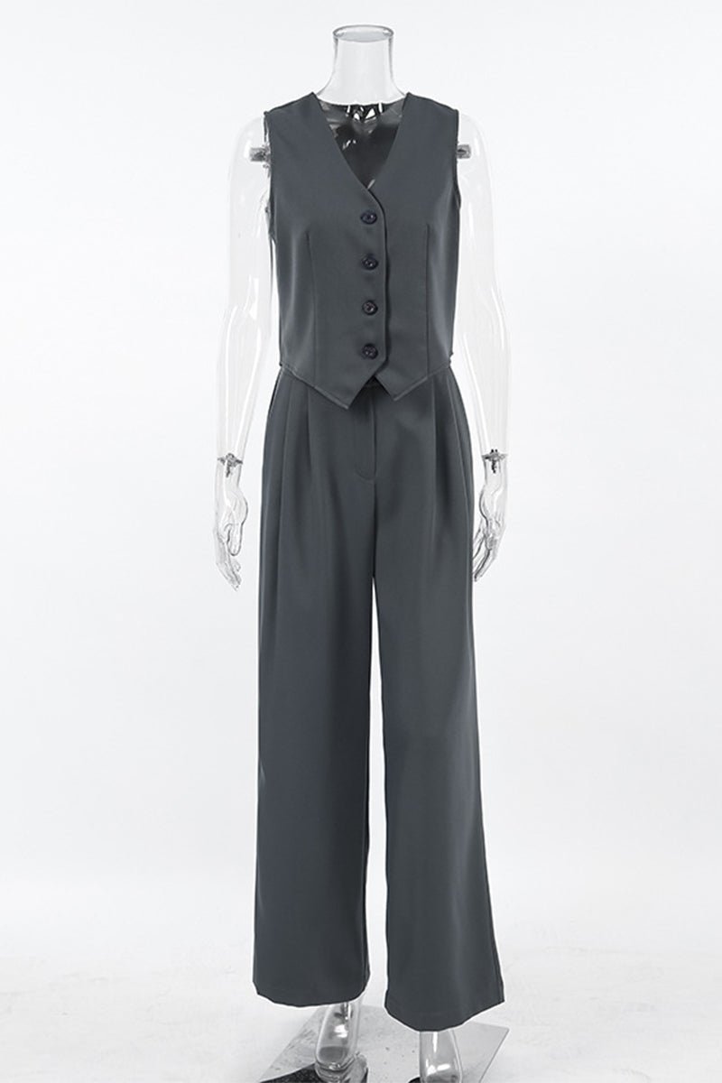 Ensemble deux pièces décontracté, uni, à col en V, sans manches, avec détail noué et boucle.