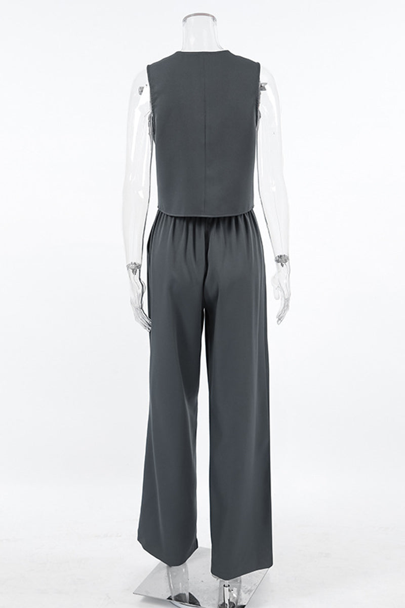 Ensemble deux pièces décontracté, uni, à col en V, sans manches, avec détail noué et boucle.