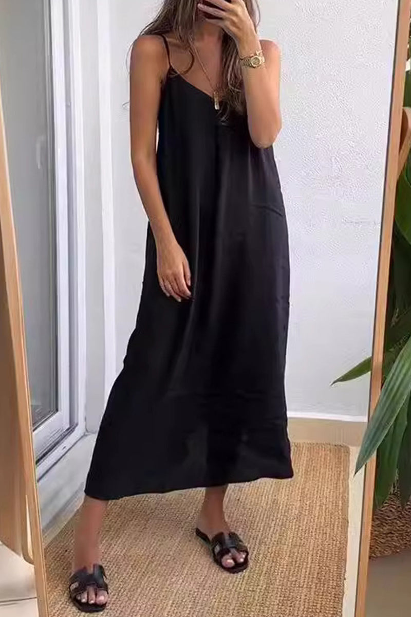 Robes décontractées, quotidiennes, unies, à col en V et bretelles (7 couleurs)