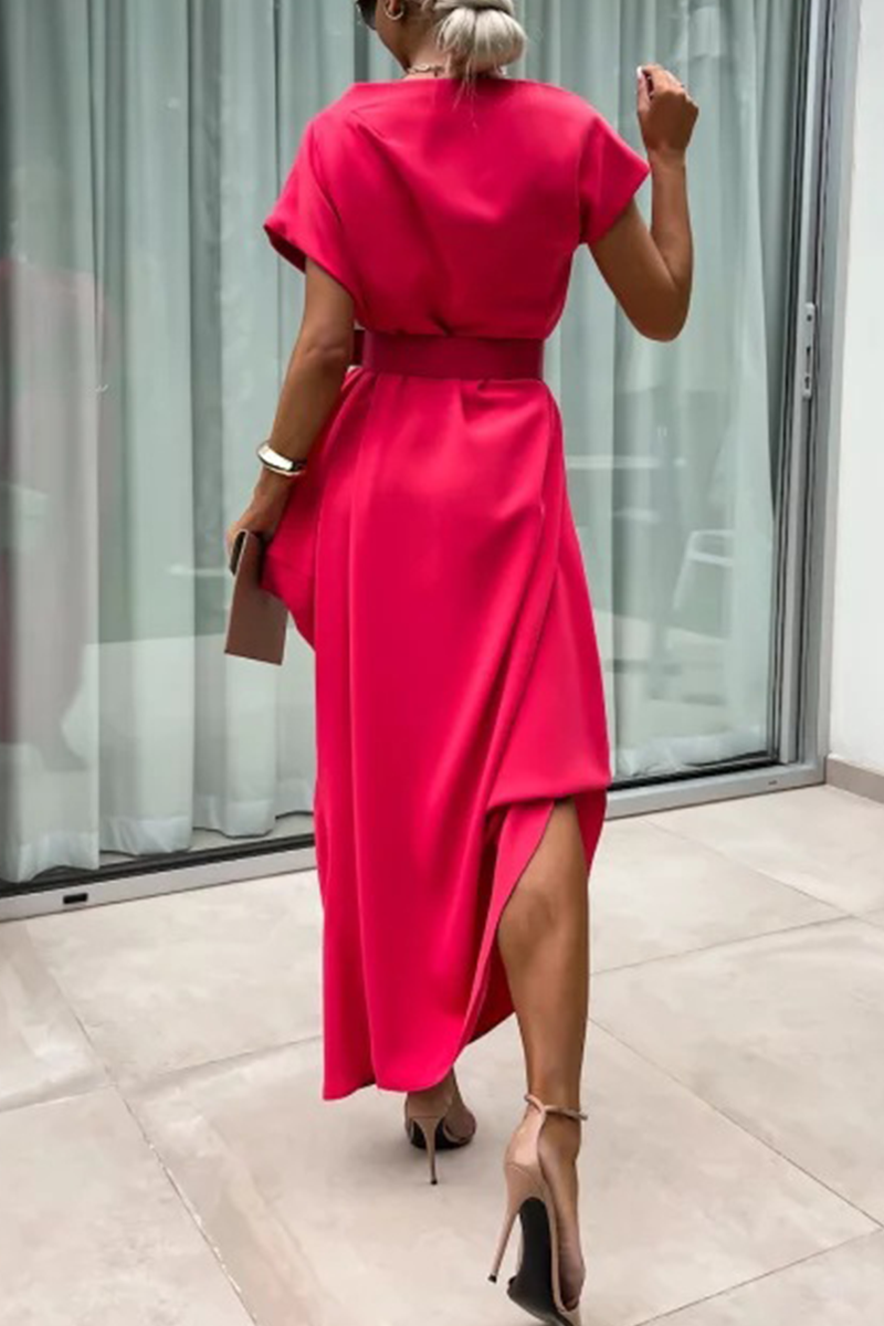 Robe-jupe courte à col montant irrégulier, sans ceinture, couleur unie, style décontracté, manches courtes (sans ceinture) (4 couleurs)