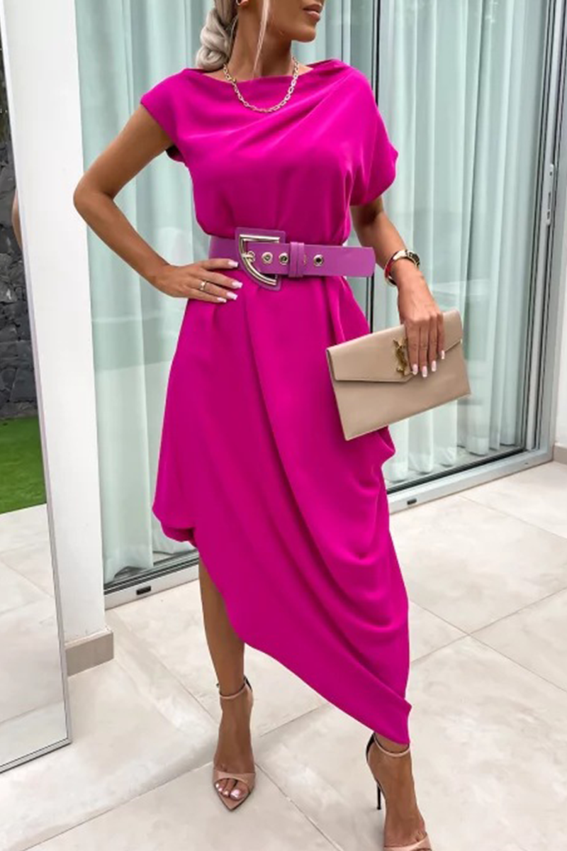 Robe-jupe courte à col montant irrégulier, sans ceinture, couleur unie, style décontracté, manches courtes (sans ceinture) (4 couleurs)