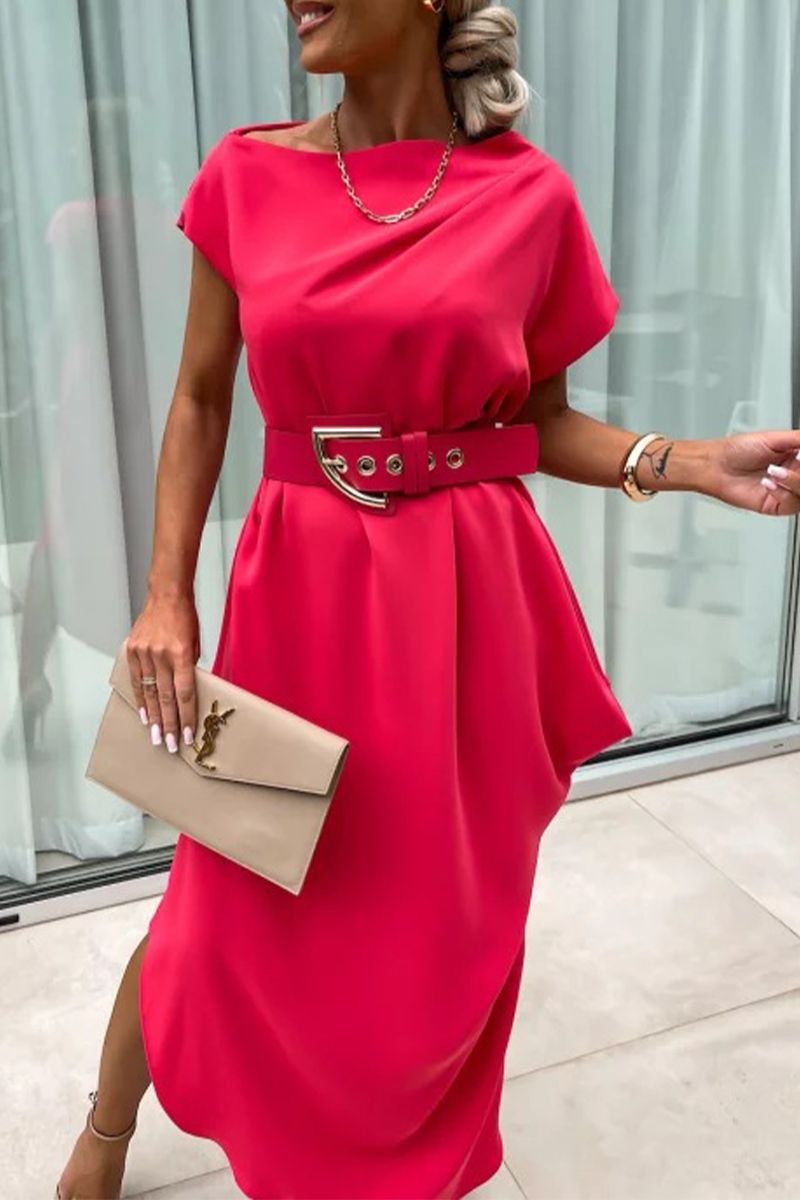 Robe-jupe courte à col montant irrégulier, sans ceinture, couleur unie, style décontracté, manches courtes (sans ceinture) (4 couleurs)