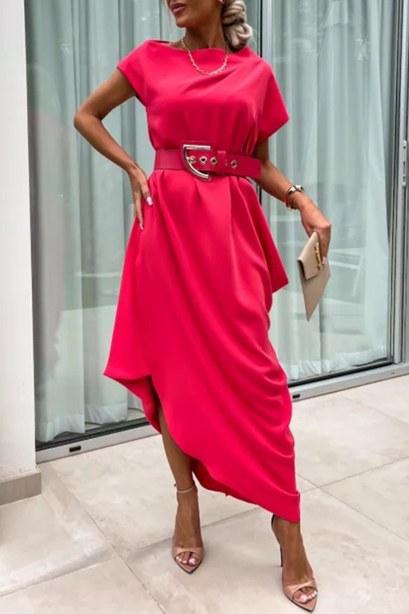 Robe-jupe courte à col montant irrégulier, sans ceinture, couleur unie, style décontracté, manches courtes (sans ceinture) (4 couleurs)