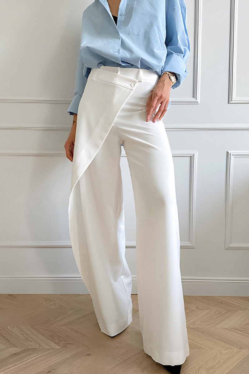 Pantalon ample uni, taille haute irrégulière, boutons décontractés, pour tous les jours.