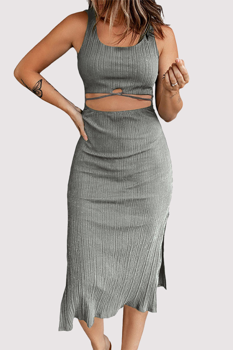 Robes-jupes décontractées, unies, décolletées en U, avec découpes, et nouées à la taille (4 couleurs)