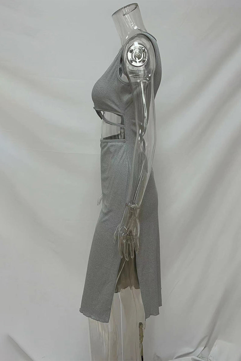 Casual Solid Color Hollow Out U Neck Wrapped Skirt Dresses(4 Colors)