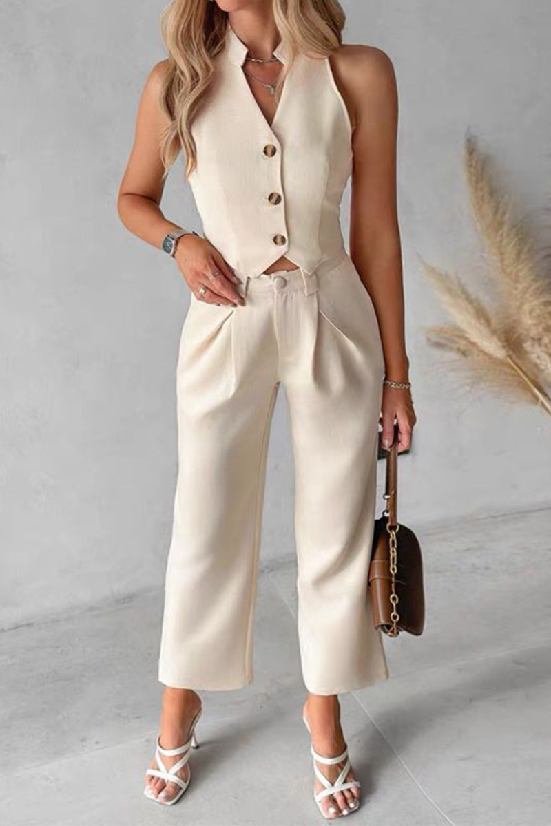 Ensemble deux pièces décontracté, uni, à porter au quotidien, avec poches, boutons, col en V et sans manches.