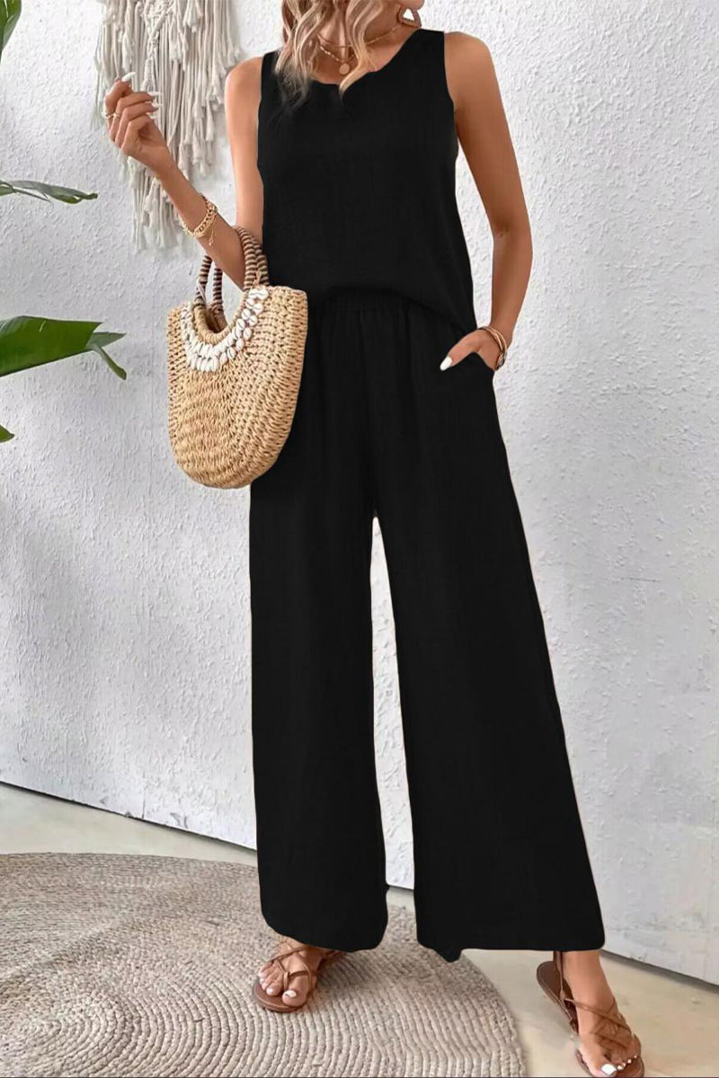 Tenue décontractée, deux pièces, couleur unie, dentelle ajourée, col rond, sans manches (6 couleurs)