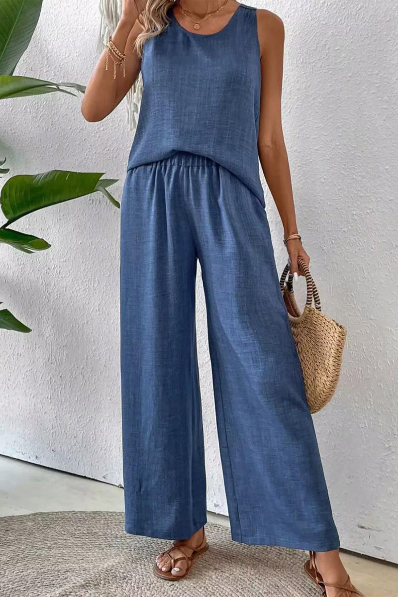 Tenue décontractée, deux pièces, couleur unie, dentelle ajourée, col rond, sans manches (6 couleurs)