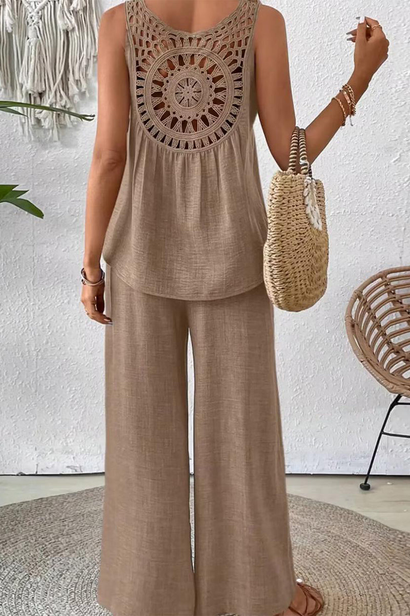 Tenue décontractée, deux pièces, couleur unie, dentelle ajourée, col rond, sans manches (6 couleurs)