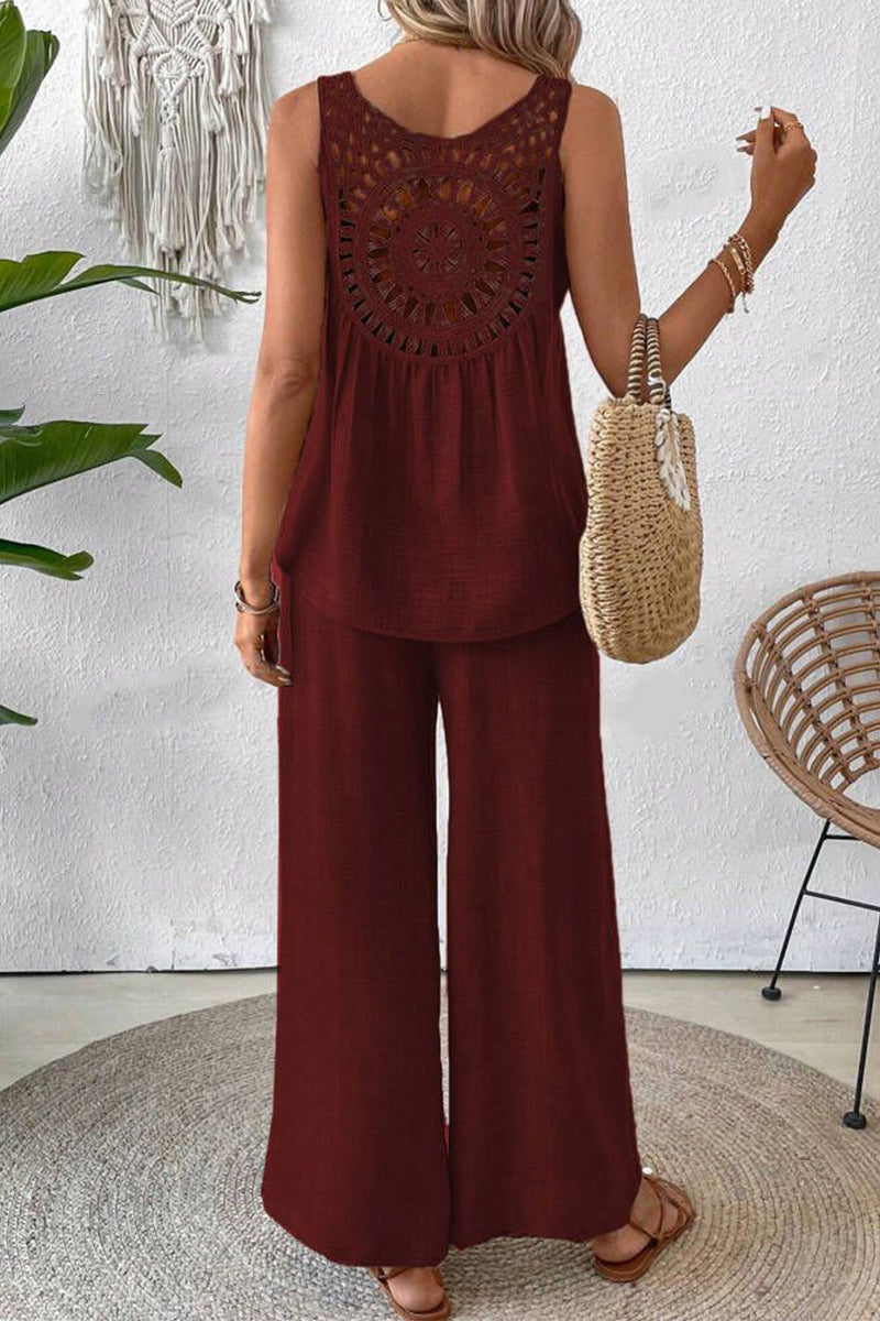 Tenue décontractée, deux pièces, couleur unie, dentelle ajourée, col rond, sans manches (6 couleurs)