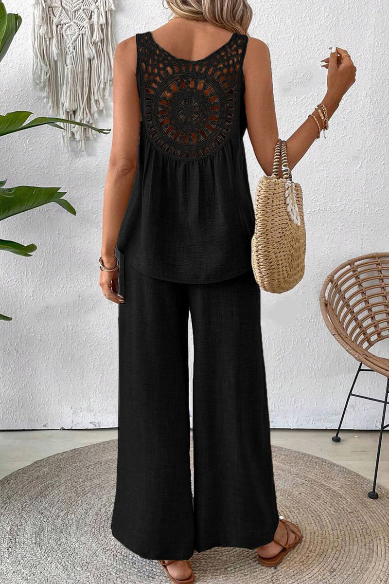 Tenue décontractée, deux pièces, couleur unie, dentelle ajourée, col rond, sans manches (6 couleurs)