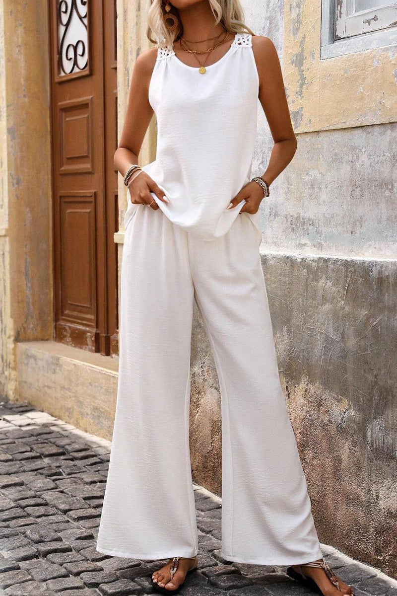 Tenue décontractée, deux pièces, couleur unie, dentelle ajourée, col rond, sans manches (6 couleurs)