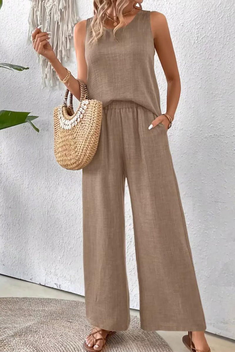 Tenue décontractée, deux pièces, couleur unie, dentelle ajourée, col rond, sans manches (6 couleurs)