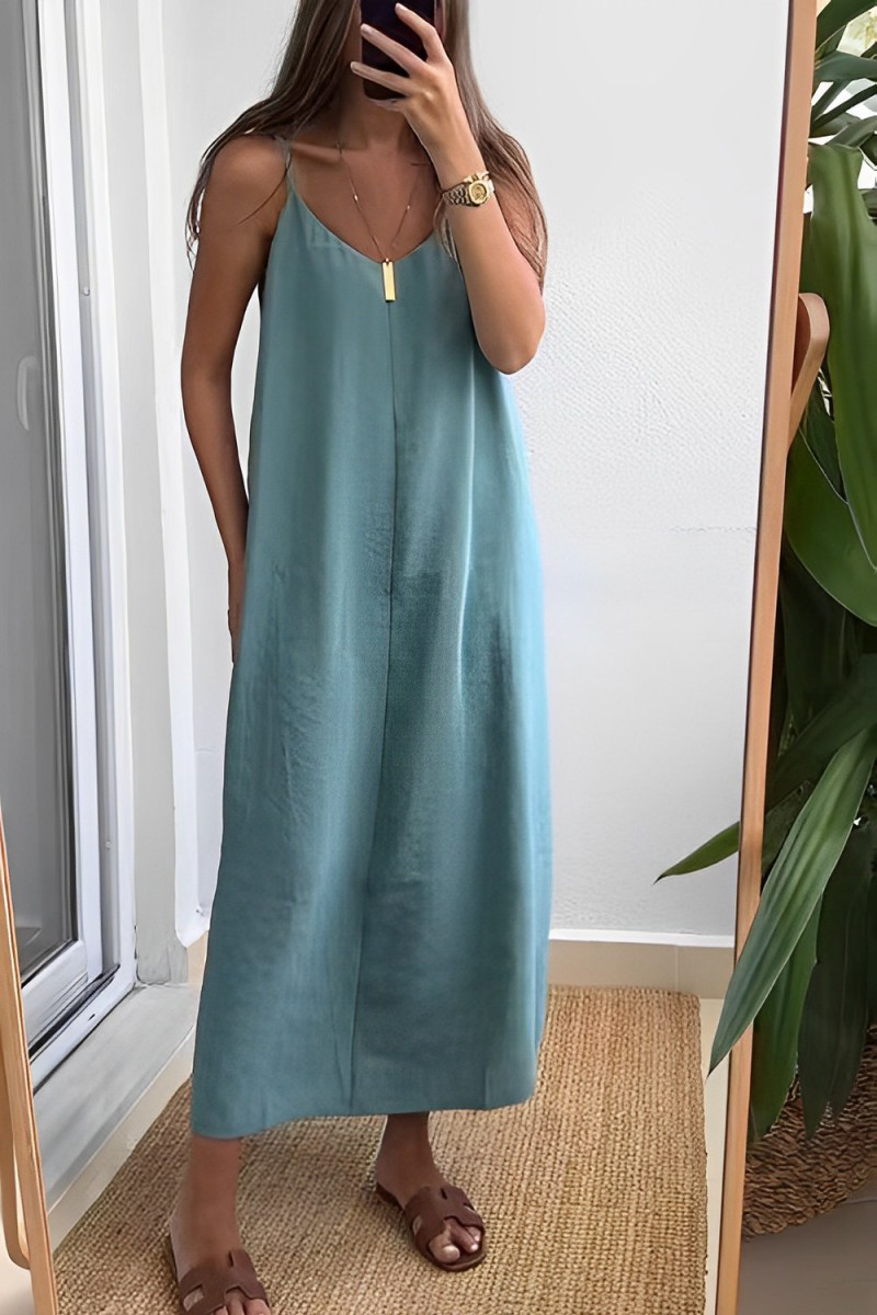 Robes décontractées, quotidiennes, unies, à col en V et bretelles (7 couleurs)