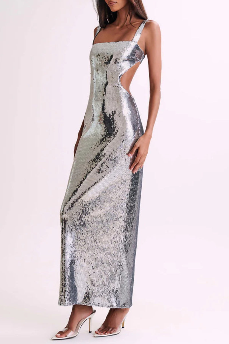 Sexy Party Sequins Backless Square Neck One Step Skirt Dresses