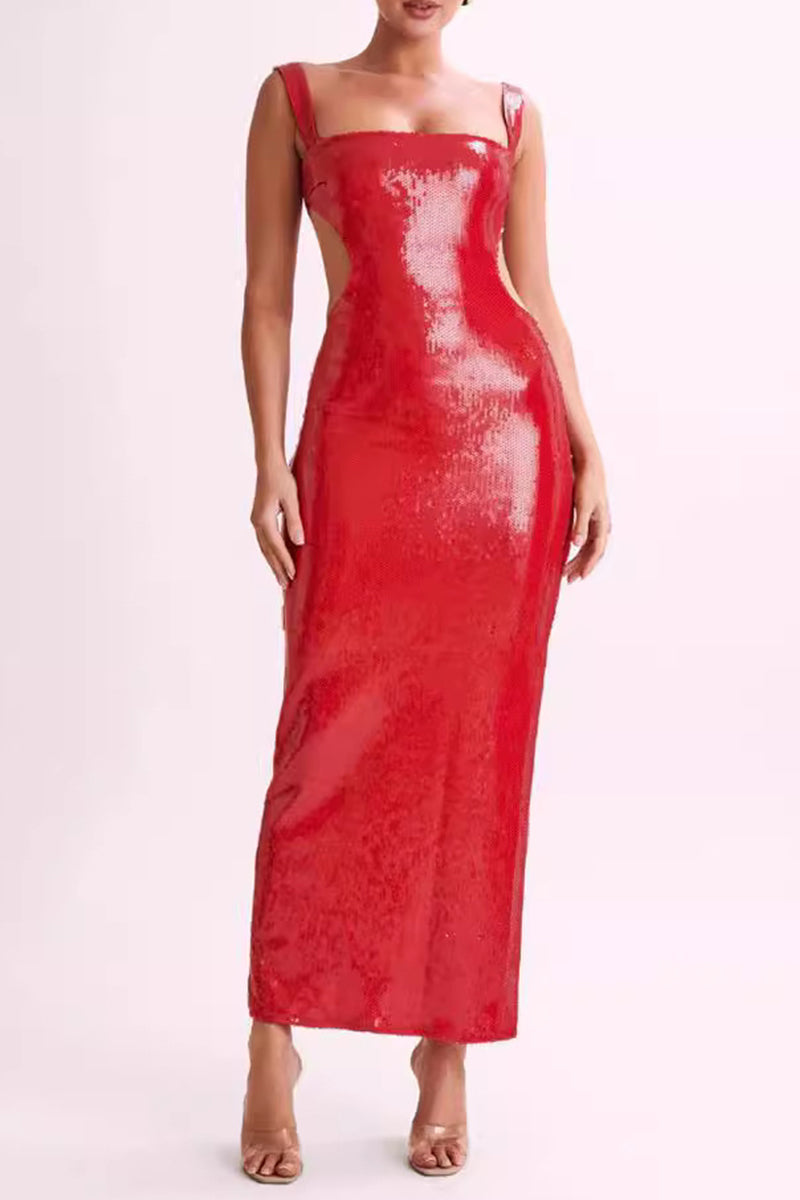 Sexy Party Sequins Backless Square Neck One Step Skirt Dresses