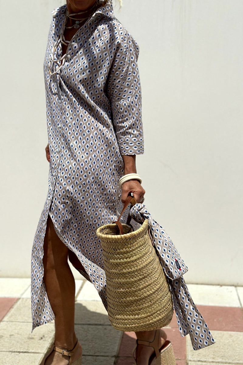 Robe chemise casual à carreaux et rayures, boutonnée, avec ceinture et col montant (5 couleurs)