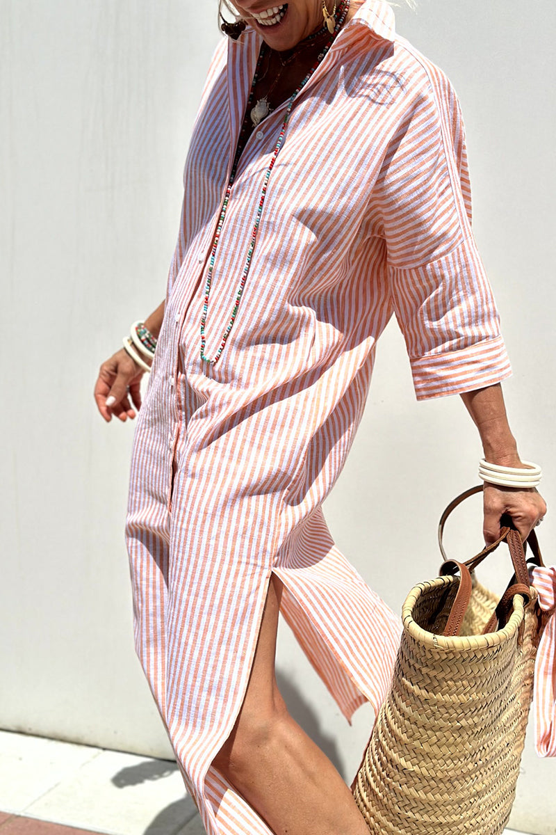 Robe chemise casual à carreaux et rayures, boutonnée, avec ceinture et col montant (5 couleurs)