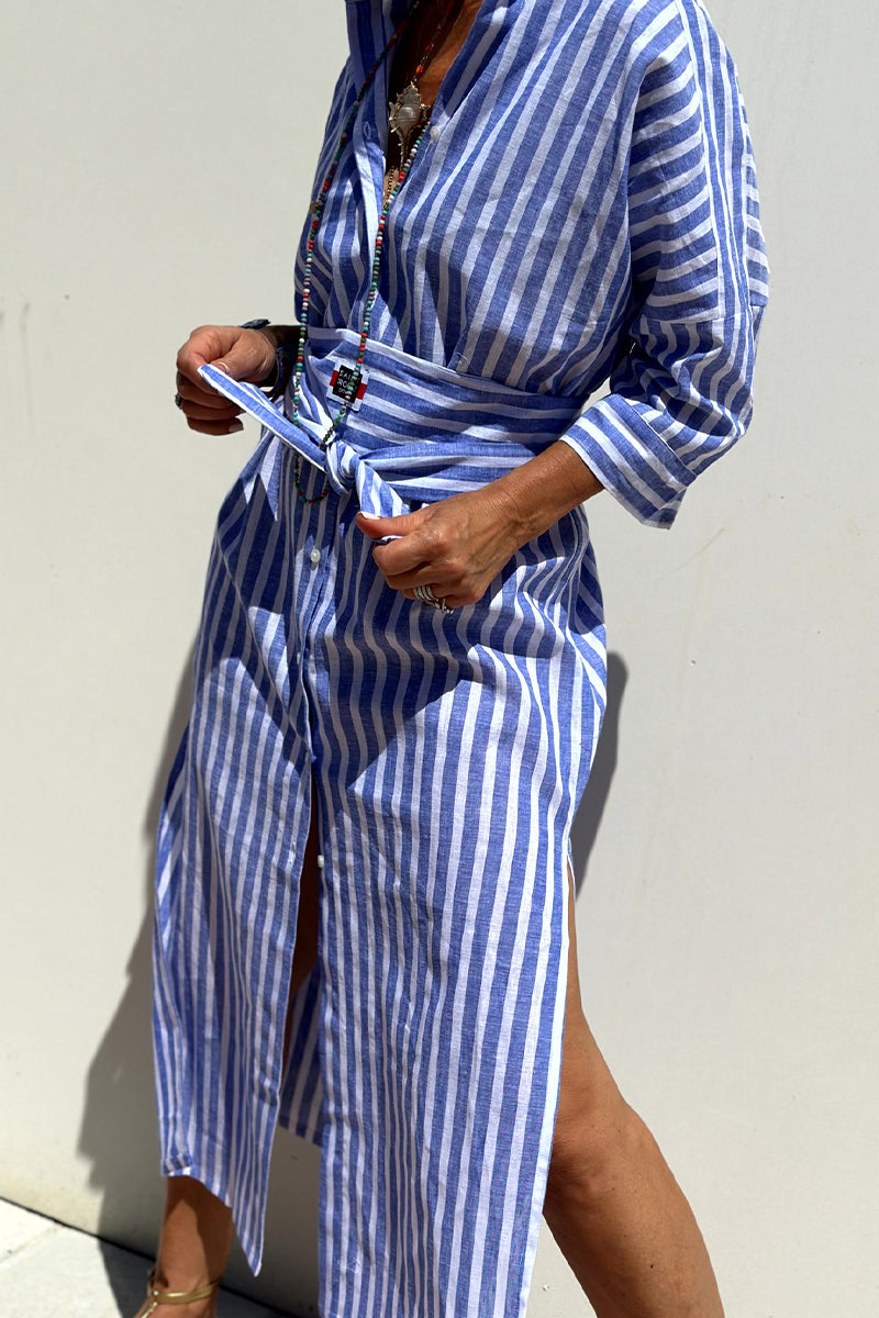 Robe chemise casual à carreaux et rayures, boutonnée, avec ceinture et col montant (5 couleurs)