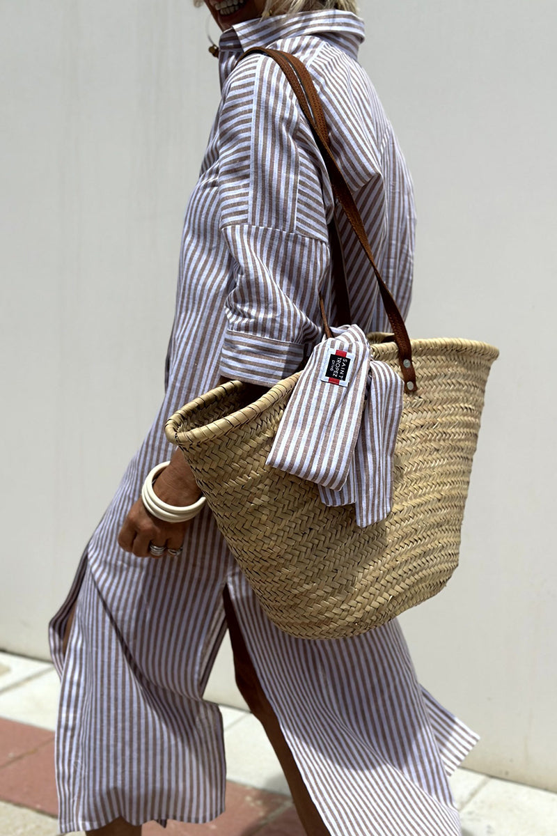 Robe chemise casual à carreaux et rayures, boutonnée, avec ceinture et col montant (5 couleurs)