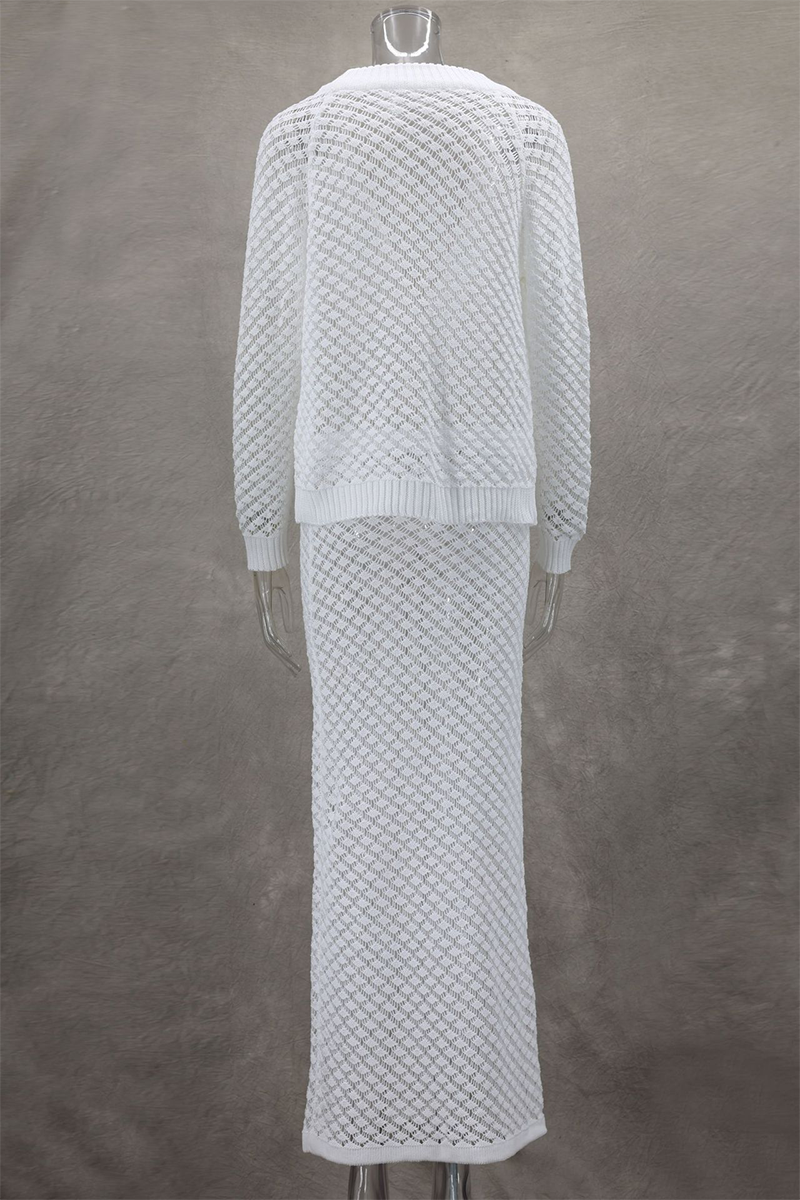 Daily Elegant Solid Color Hollow Out Buttons V Neck Long Sleeve Two Pieces