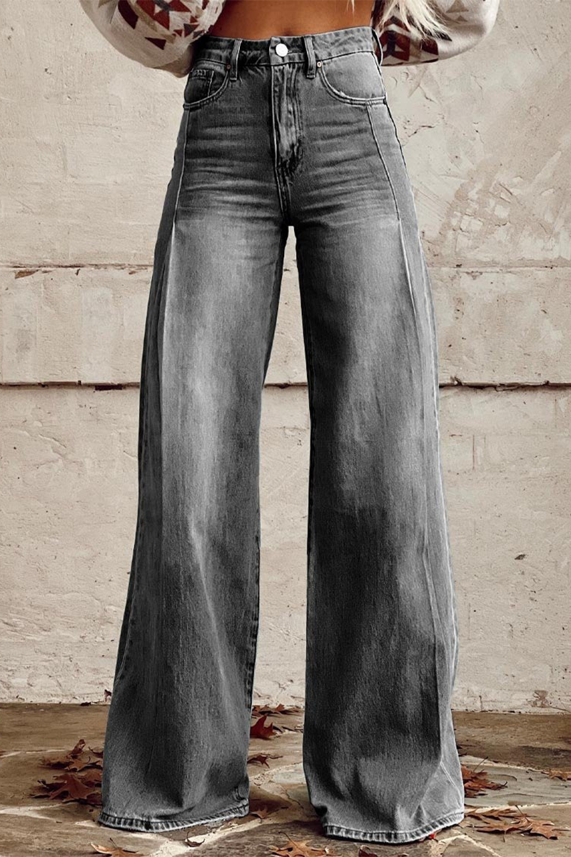 Casual Street Distressed Buttons Loose High Waist Wide Leg Solid Color Bottoms