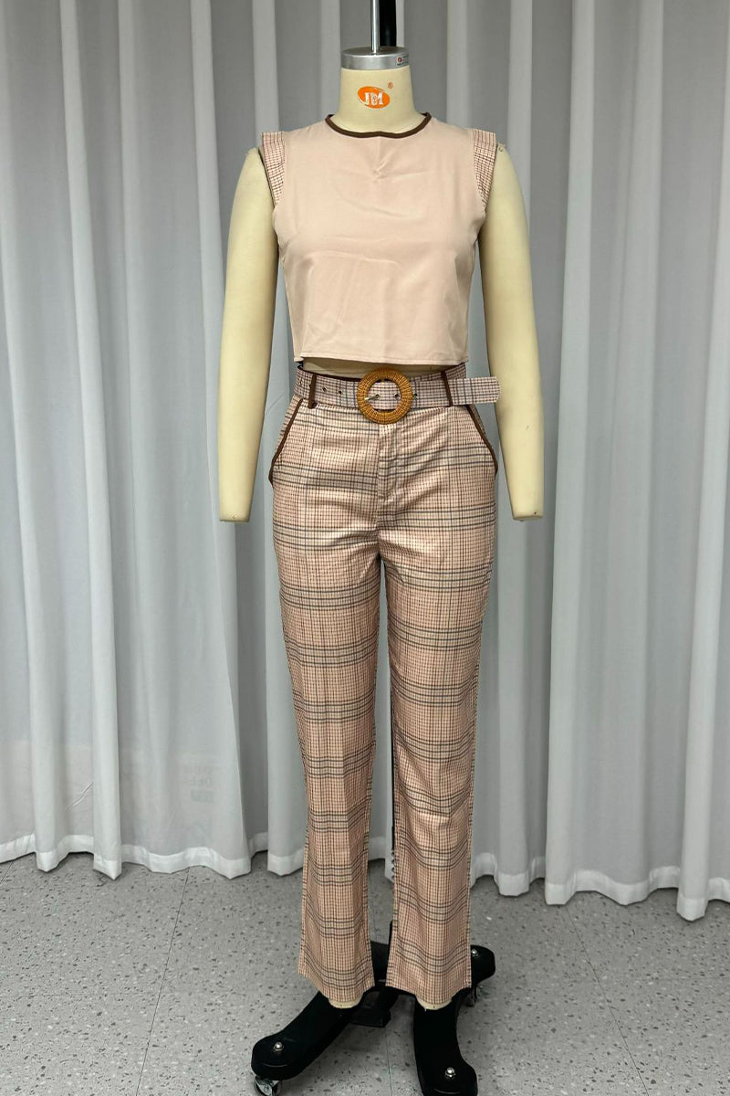 Casual Street Plaid Ruffle With Belt O Neck Sleeveless Two Pieces