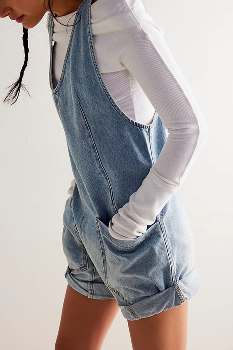 Combinaisons en jean droite, sans manches, à col en V, avec poches, imprimé dégradé et contrasté, pour tous les jours.