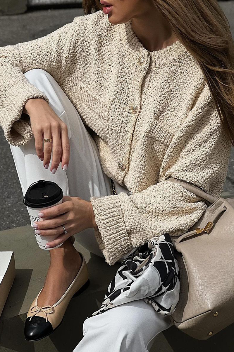 Vêtements d'extérieur décontractés, couleur unie, poches, boutons, col rond.