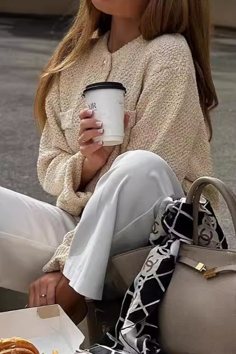 Vêtements d'extérieur décontractés, couleur unie, poches, boutons, col rond.