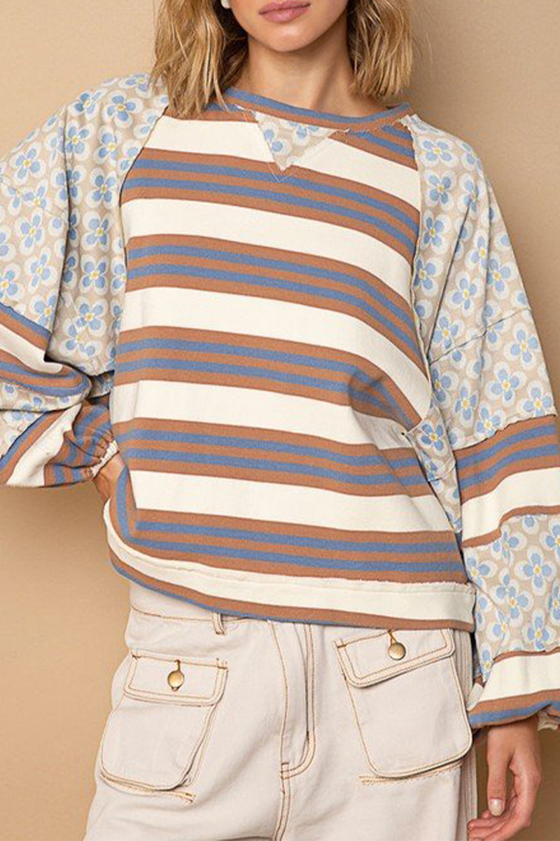 Sweats à capuche décontractés à rayures, imprimés floraux, col rond, contraste (6 couleurs)