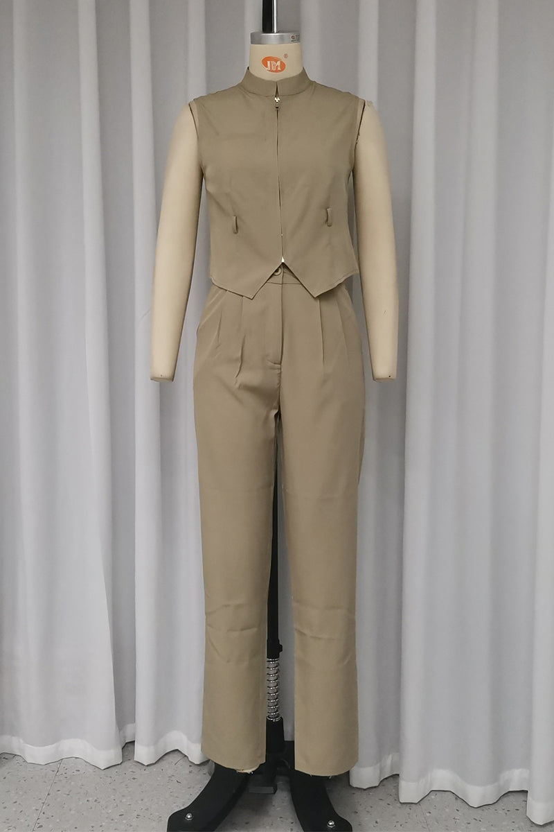 Tenue décontractée, couleur unie, sans ceinture, col mandarin, sans manches, deux pièces.