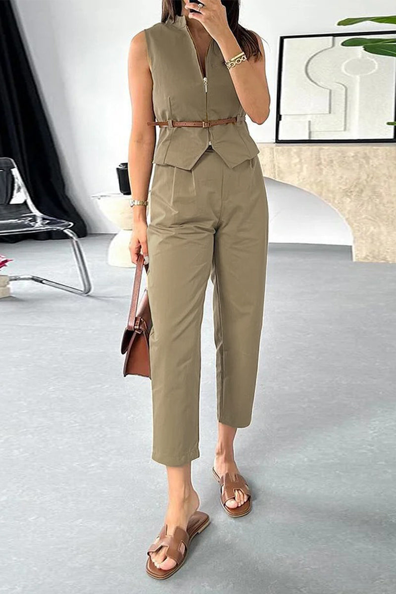 Tenue décontractée, couleur unie, sans ceinture, col mandarin, sans manches, deux pièces.