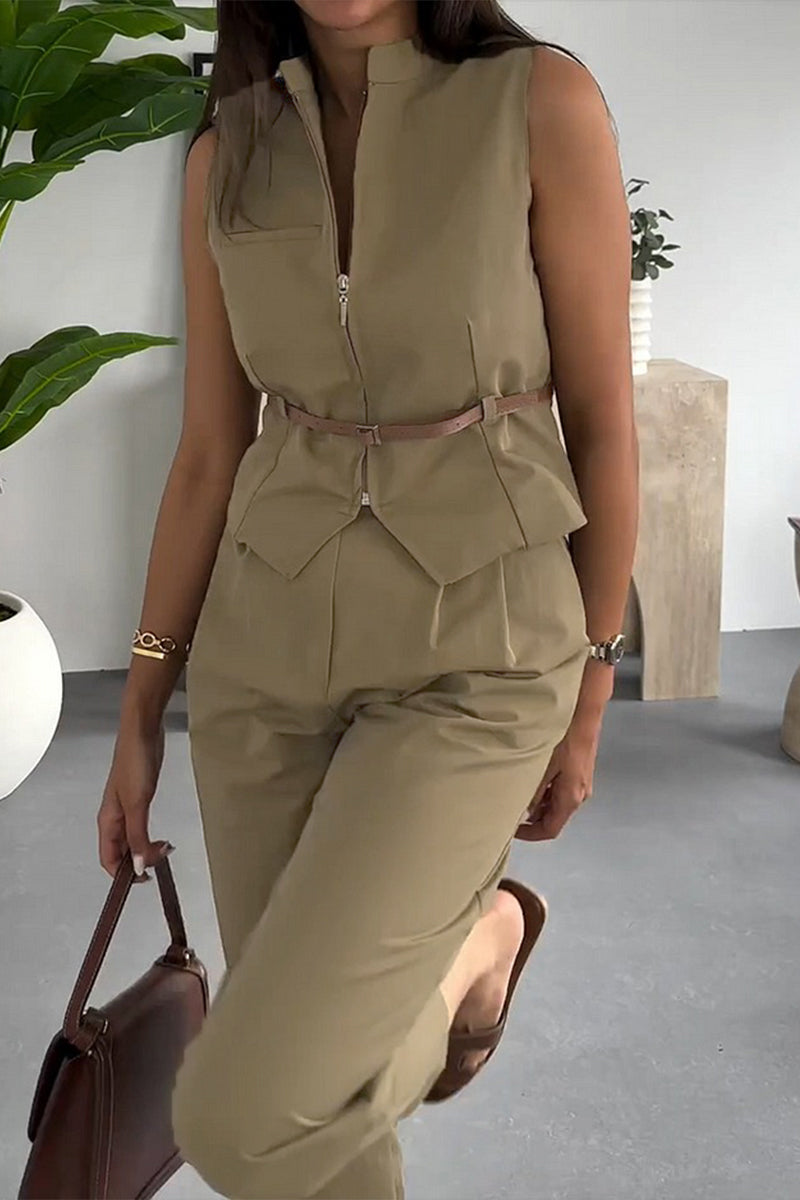 Tenue décontractée, couleur unie, sans ceinture, col mandarin, sans manches, deux pièces.