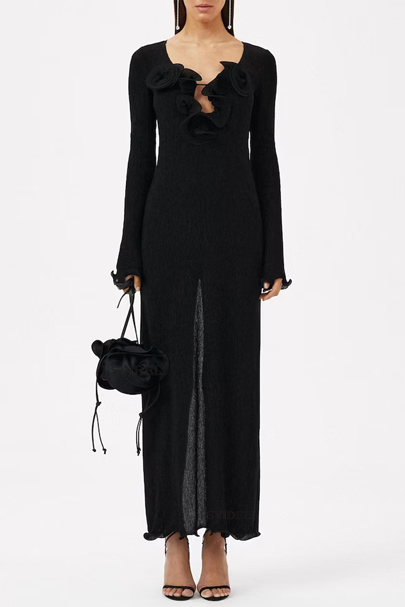 Robes sexy, couleur unie, fendues, en forme de fleur, à manches longues et col en V.