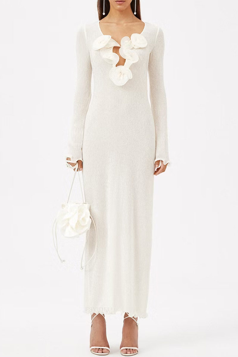 Robes sexy, couleur unie, fendues, en forme de fleur, à manches longues et col en V.