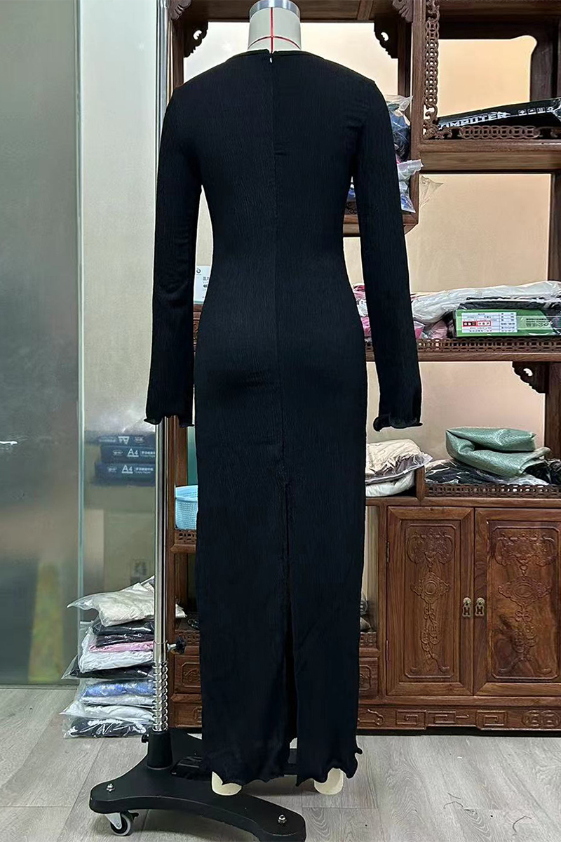 Robes sexy, couleur unie, fendues, en forme de fleur, à manches longues et col en V.