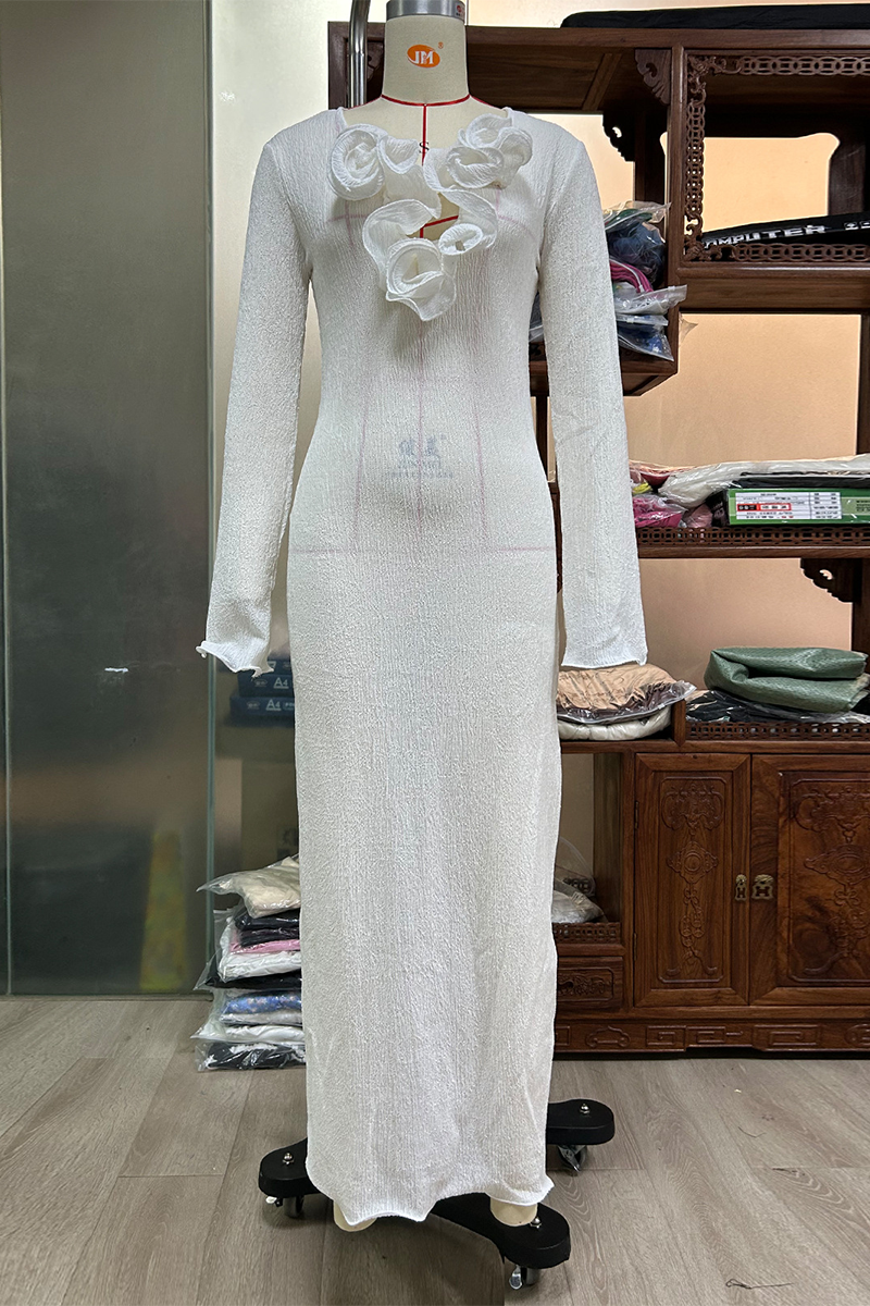 Robes sexy, couleur unie, fendues, en forme de fleur, à manches longues et col en V.