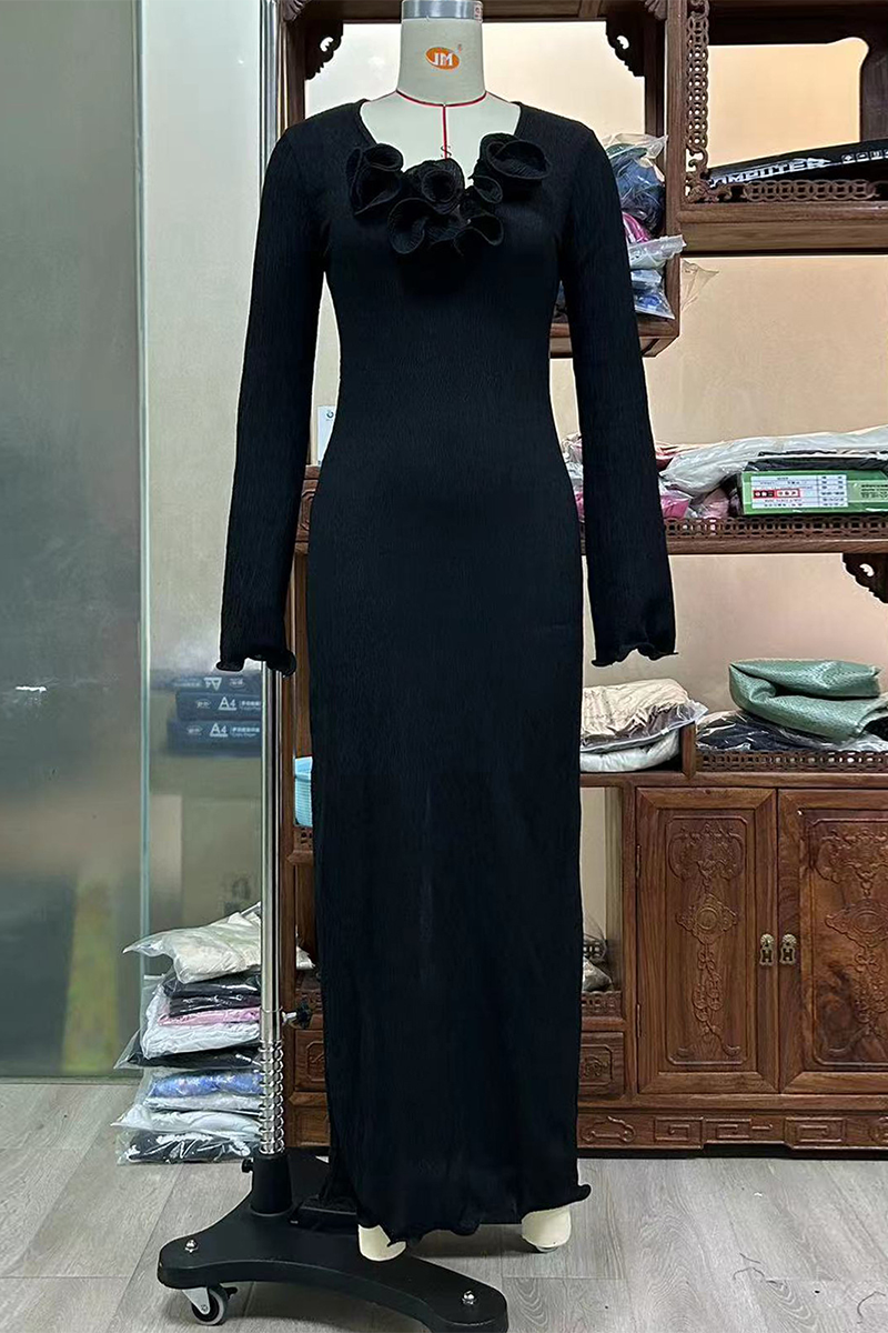 Robes sexy, couleur unie, fendues, en forme de fleur, à manches longues et col en V.