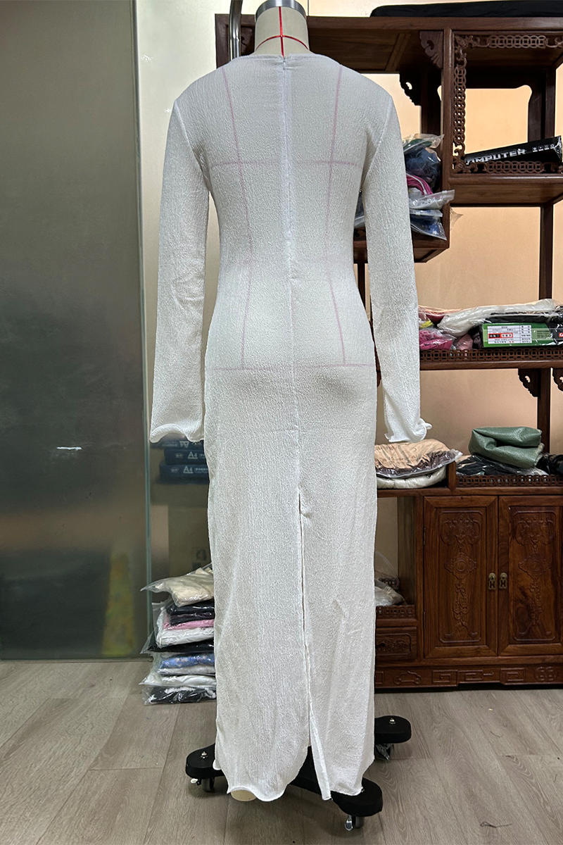 Robes sexy, couleur unie, fendues, en forme de fleur, à manches longues et col en V.