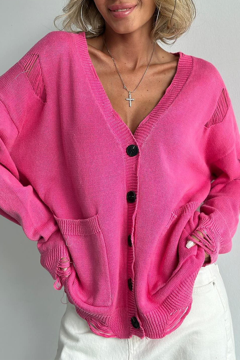 Vêtements d'extérieur décontractés, couleur unie, déchirés, effet usé, poches, boutons, col en V (3 couleurs)