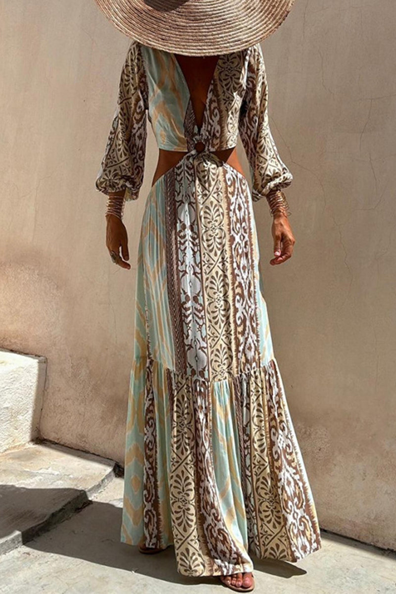 Robes A-line sexy pour les vacances, imprimé géométrique, décolleté en V, dos nu, lacets, ajourées