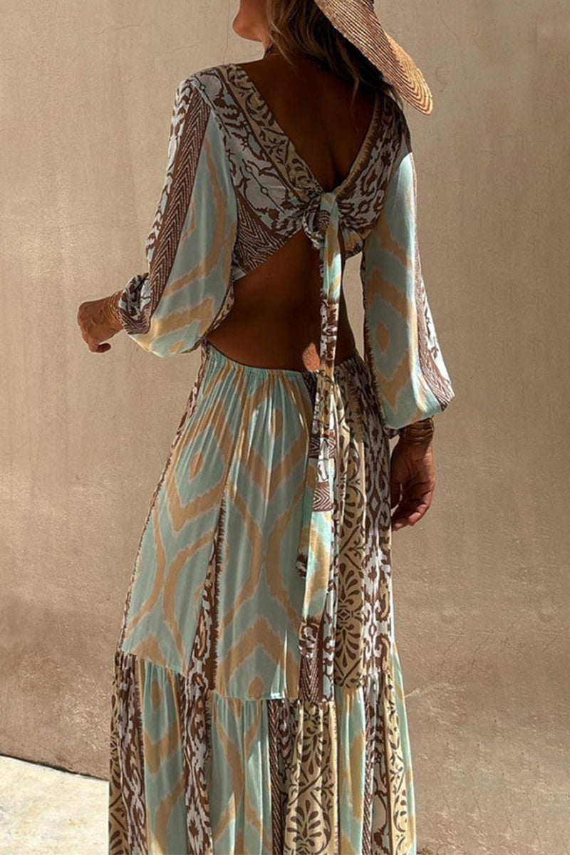 Robes A-line sexy pour les vacances, imprimé géométrique, décolleté en V, dos nu, lacets, ajourées