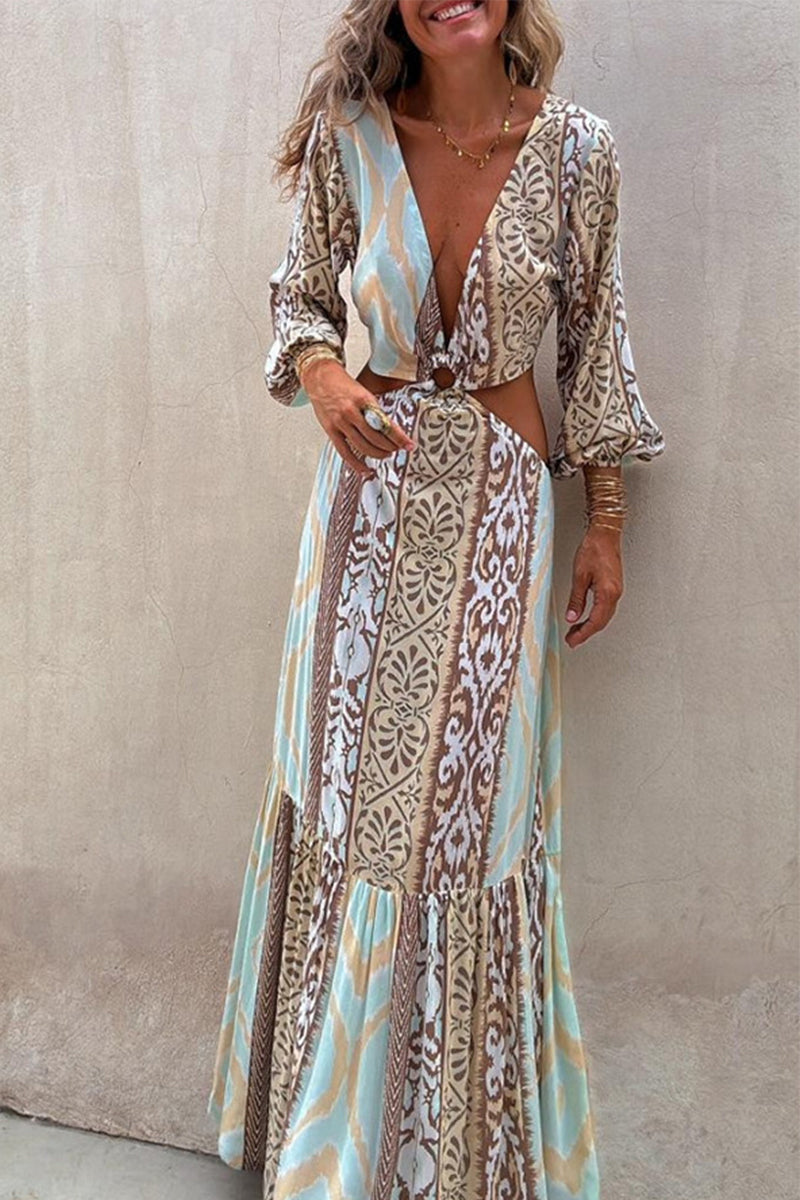 Robes A-line sexy pour les vacances, imprimé géométrique, décolleté en V, dos nu, lacets, ajourées