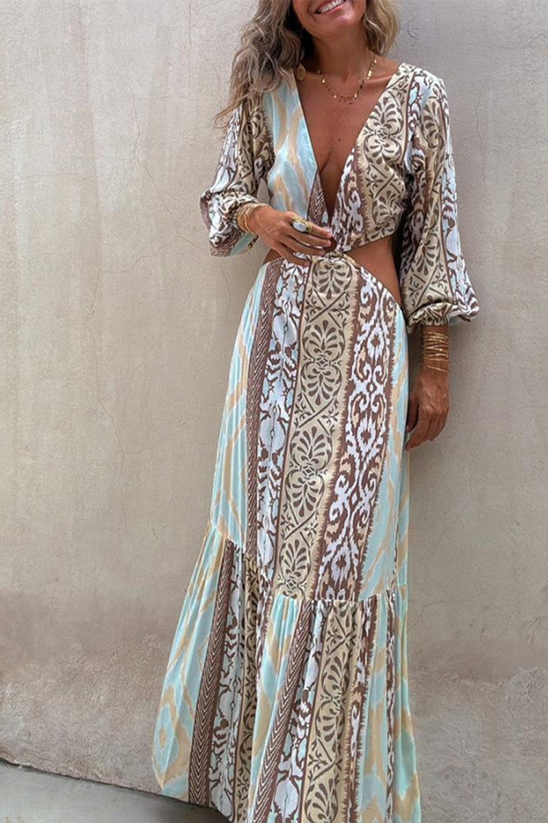 Robes A-line sexy pour les vacances, imprimé géométrique, décolleté en V, dos nu, lacets, ajourées