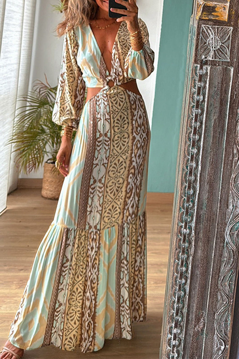 Robes A-line sexy pour les vacances, imprimé géométrique, décolleté en V, dos nu, lacets, ajourées