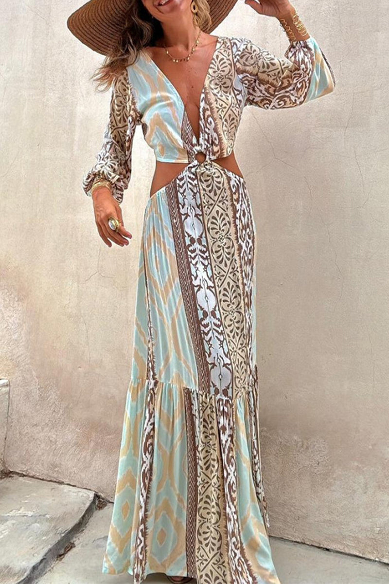 Robes A-line sexy pour les vacances, imprimé géométrique, décolleté en V, dos nu, lacets, ajourées