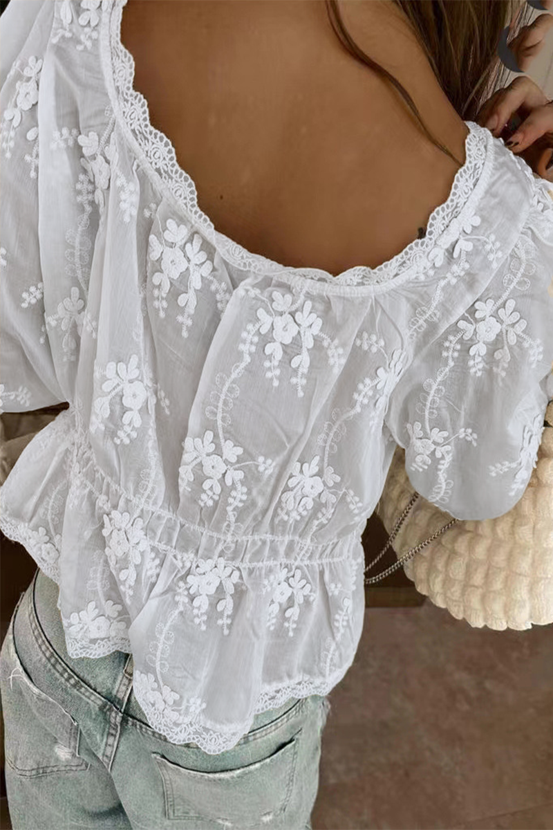 Sexy Daily Embroidered Buttons See-Through U Neck Blouses